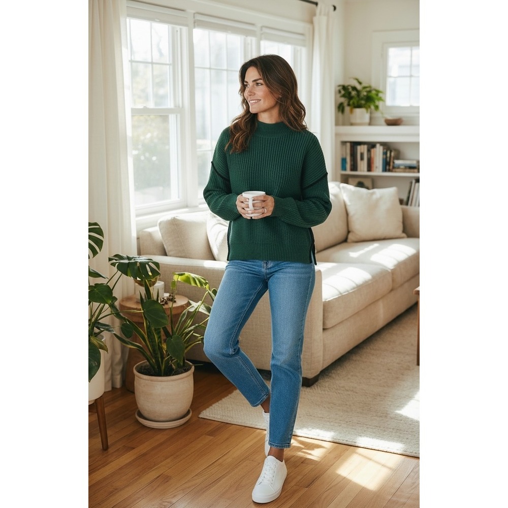 Blu Pepper Womens Green Black Two Tone Shaker Knit Mock Neck Sweater Size M